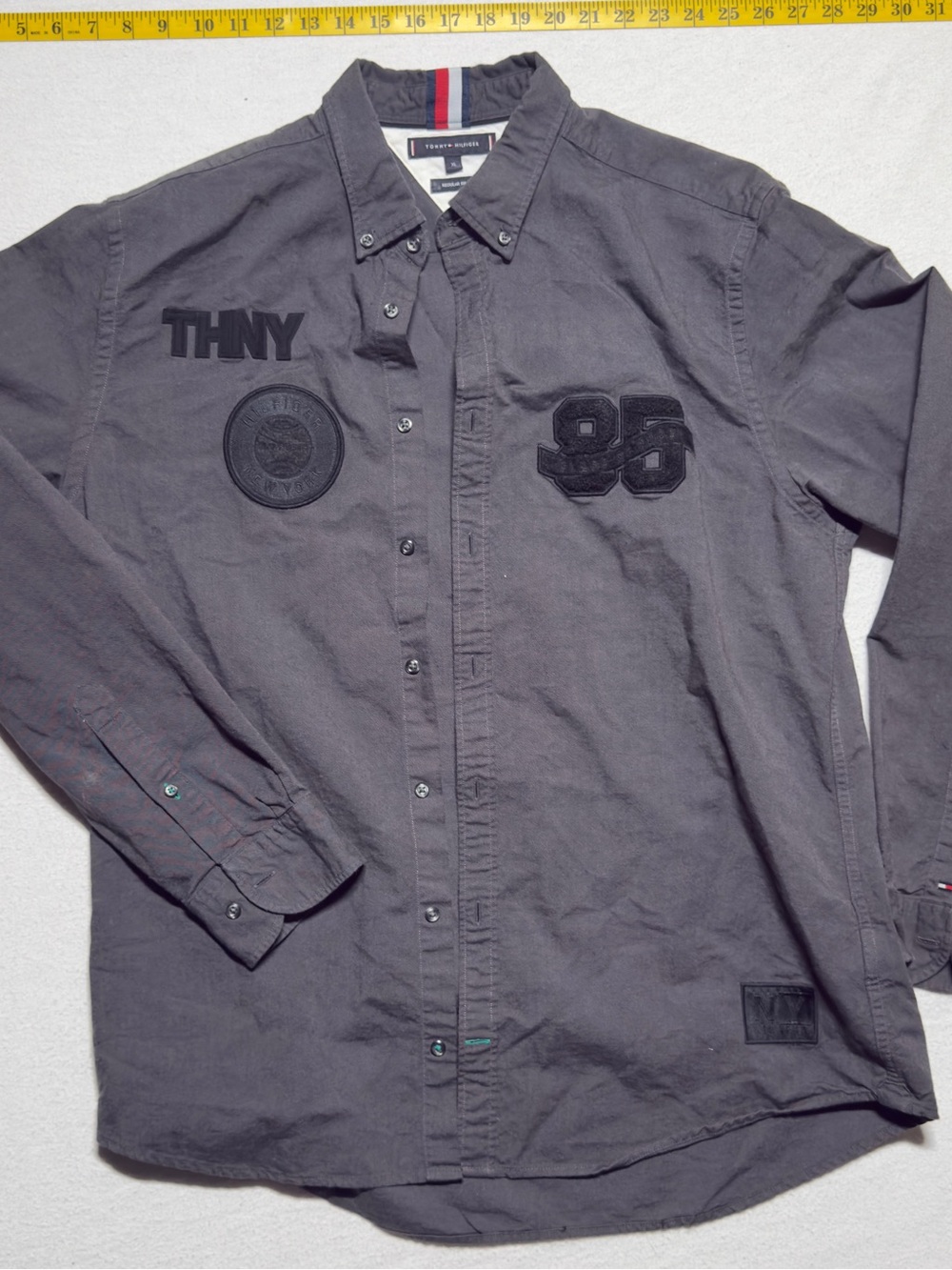 Tommy Hilfiger Men's Charcoal Gray Button-Down Shirt with Patch Accents